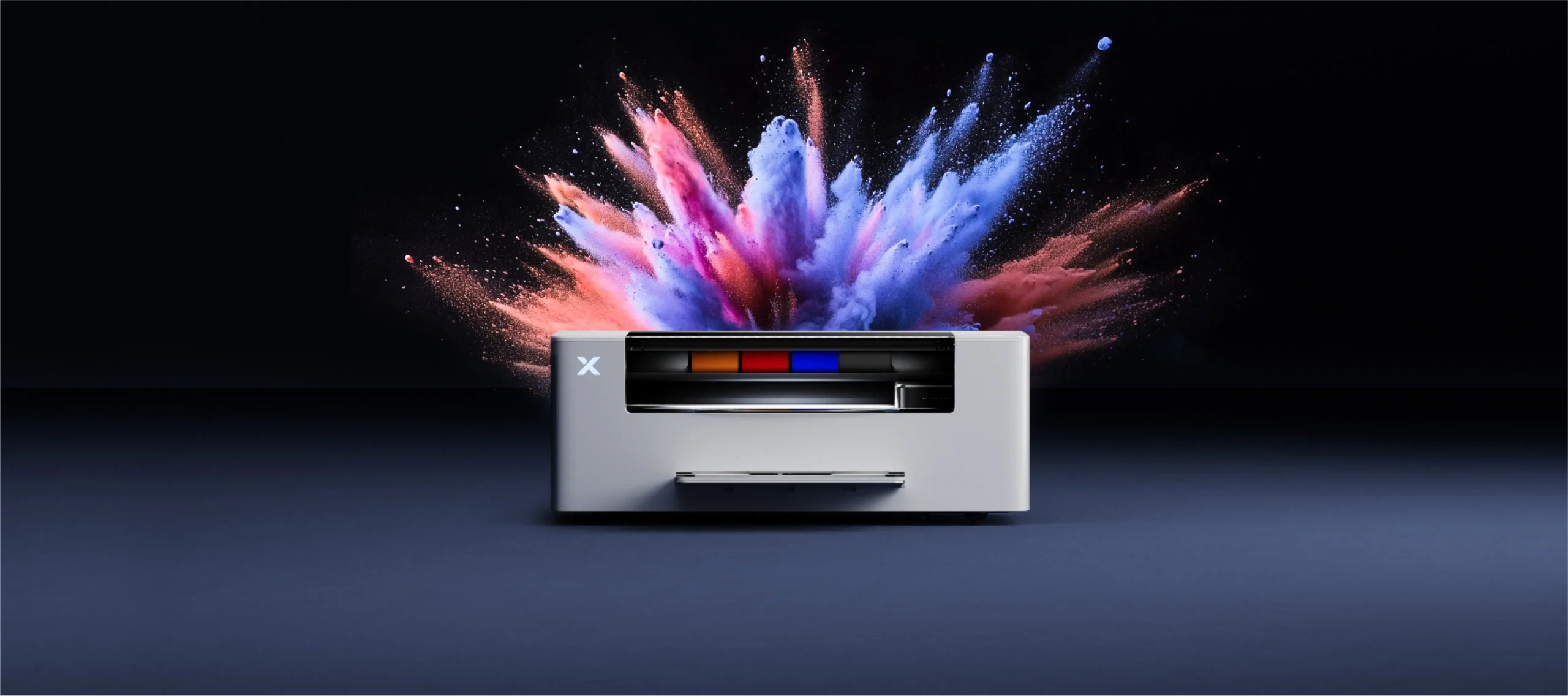 xTool Apparel Printer with colourful ink-inspired background