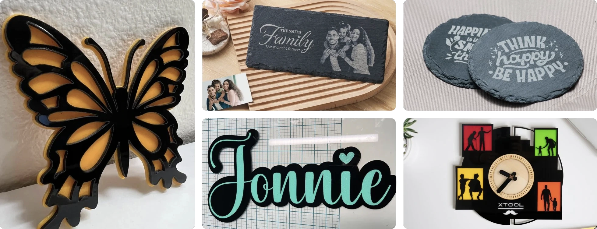 Laser-cut butterfly, engraved slate gifts, personalised name sign and decorative wall clock