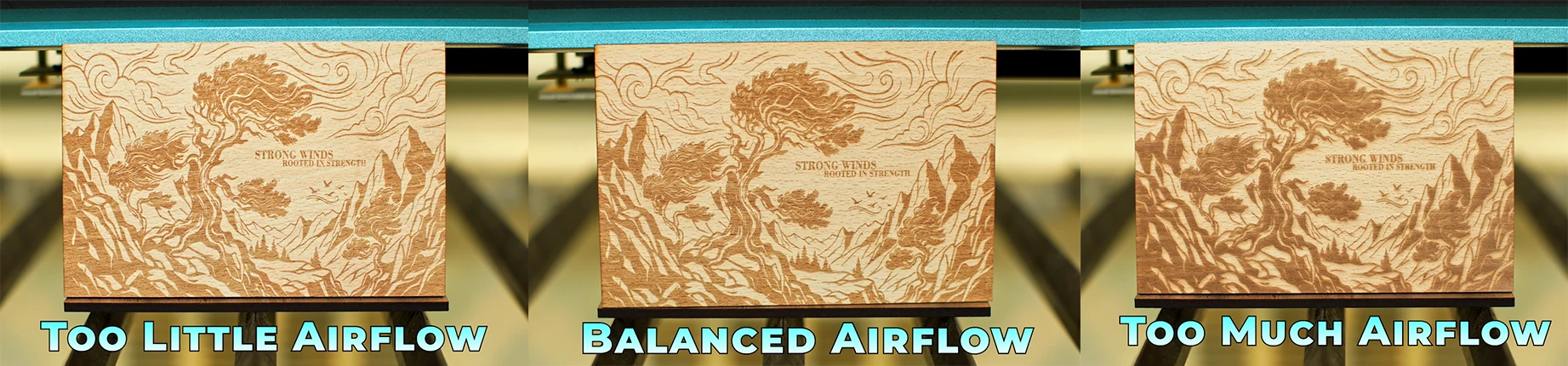 Comparison of airflow settings for laser engraving wood