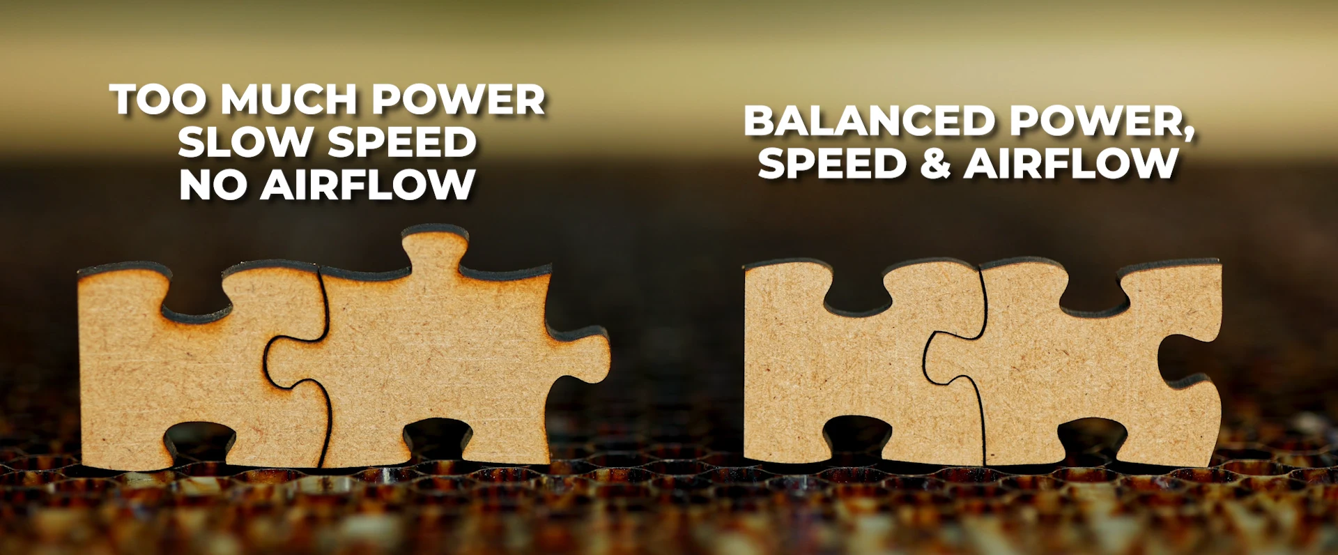 Laser cutting MDF settings comparison: poor vs balanced power, speed, and airflow for cleaner cuts