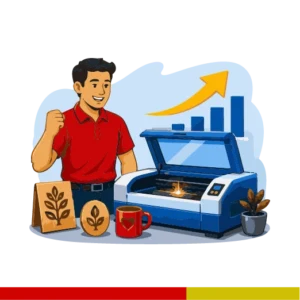 Entrepreneur starting a laser business beside a compact laser cutting machine with sample products and a growth arrow.