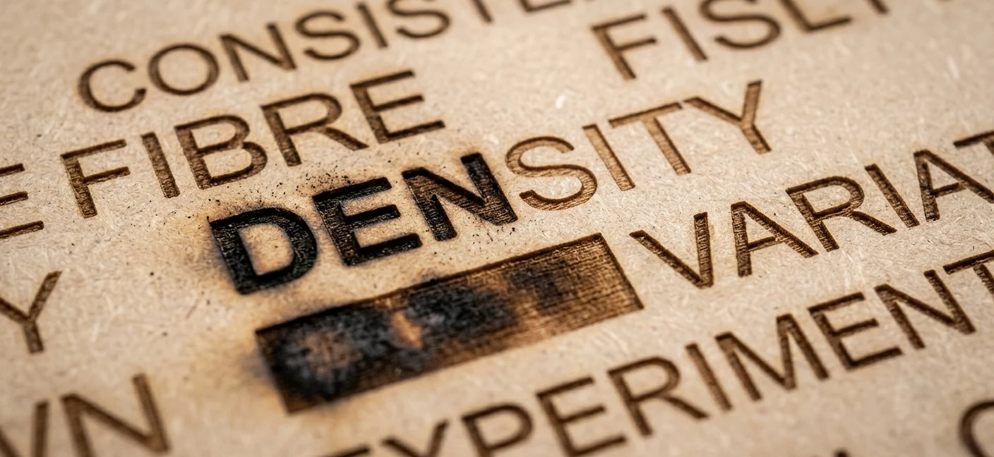Macro close-up of laser engraved MDF showing burn variation, soot buildup, fibre texture, and inconsistent engraving behaviour across the surface.