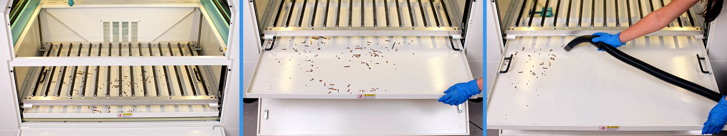 cleaning the crumb tray and interior of a laser engraving machine
