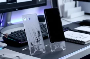 Laser cut clear acrylic phone stands with minimalist engraved artwork, displayed on a modern desk setup with ambient lighting, a smartphone, and contemporary workspace accessories.
