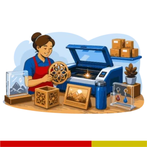 Maker creating small acrylic and wood products with a desktop laser machine and packaged craft items.