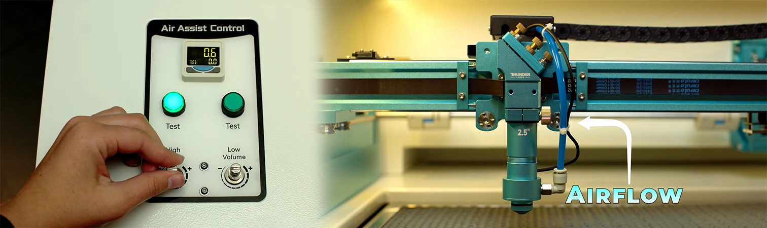 Digital air assist control system on a CO2 laser engraver showing adjustable airflow settings used to improve engraving consistency, reduce soot buildup, and maintain clean laser engraving results on wood.