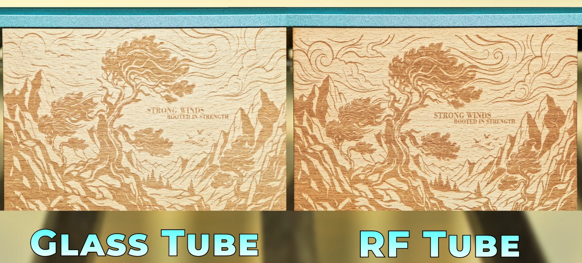 RF laser tube vs glass tube engraving quality on wood.