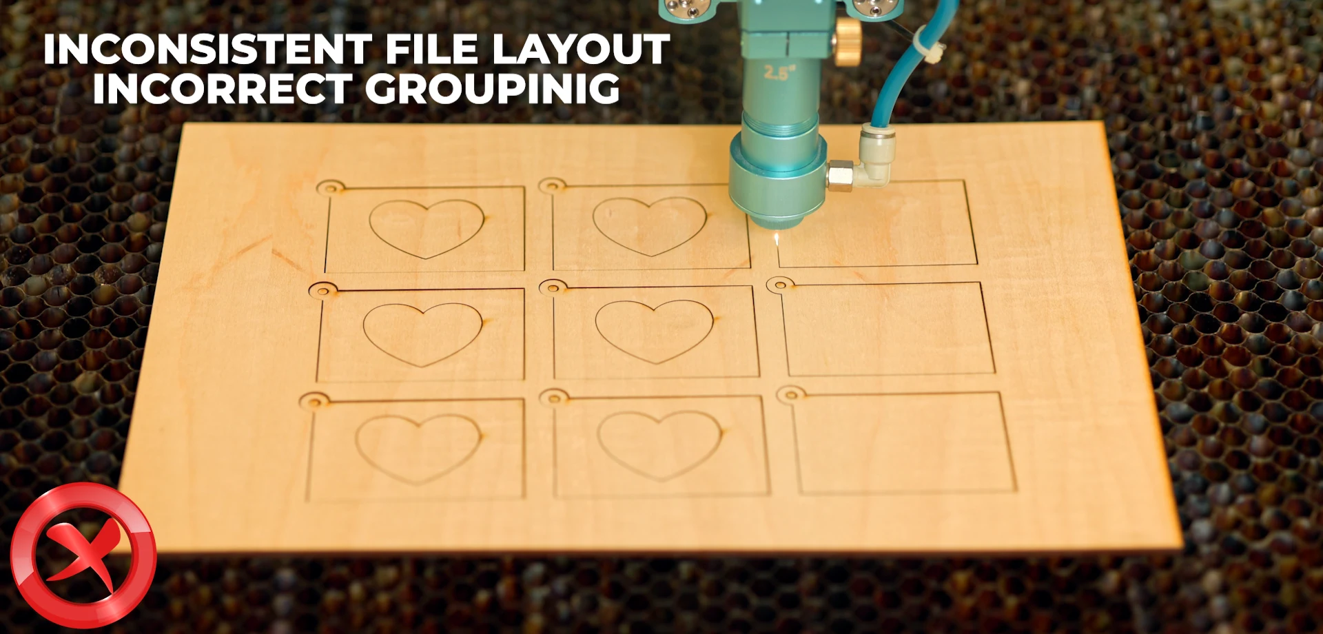 Laser cutter processing MDF with inconsistent file layout and incorrect grouping, causing inefficient cutting paths.