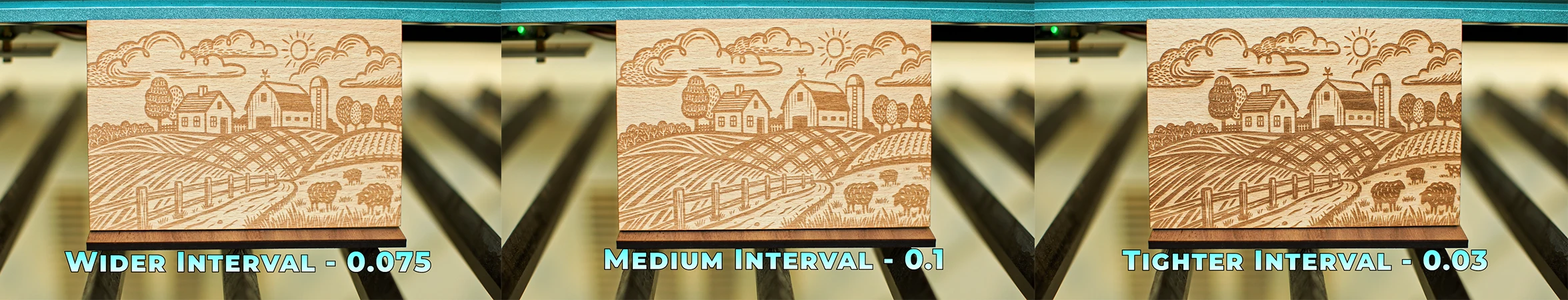 Laser engraving line interval comparison on MDF