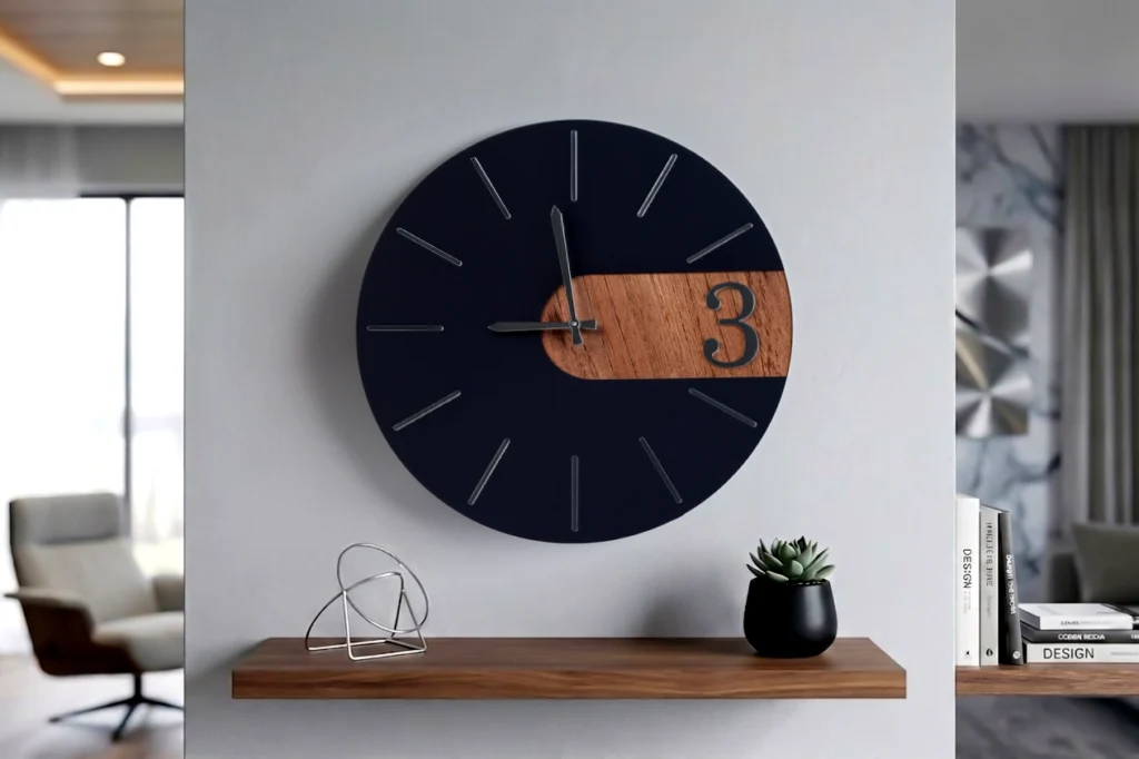 Modern wall clock made from laser cut black MDF and silver mirror acrylic, displayed in a contemporary interior with minimalist décor, soft natural lighting, and clean geometric styling.
