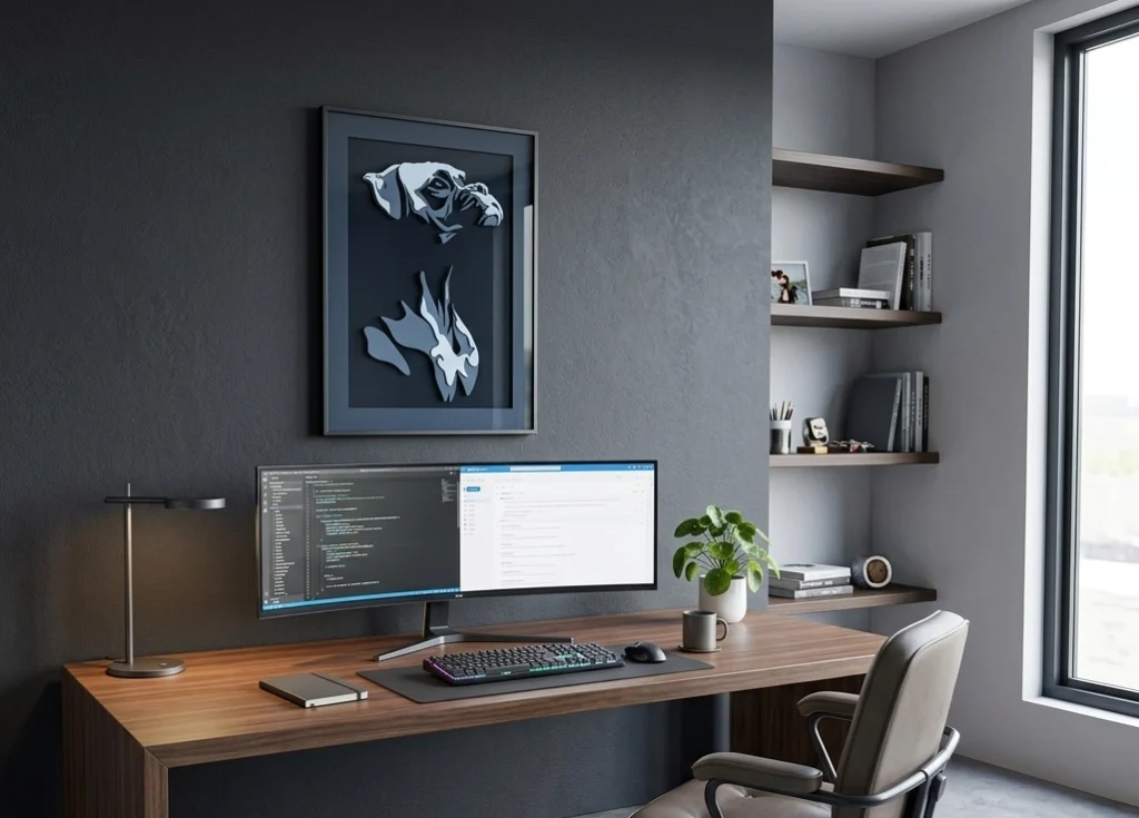 Framed layered acrylic wall art displayed above a modern wooden desk setup with an ultrawide monitor, minimalist shelving, and soft natural lighting in a contemporary home office interior.