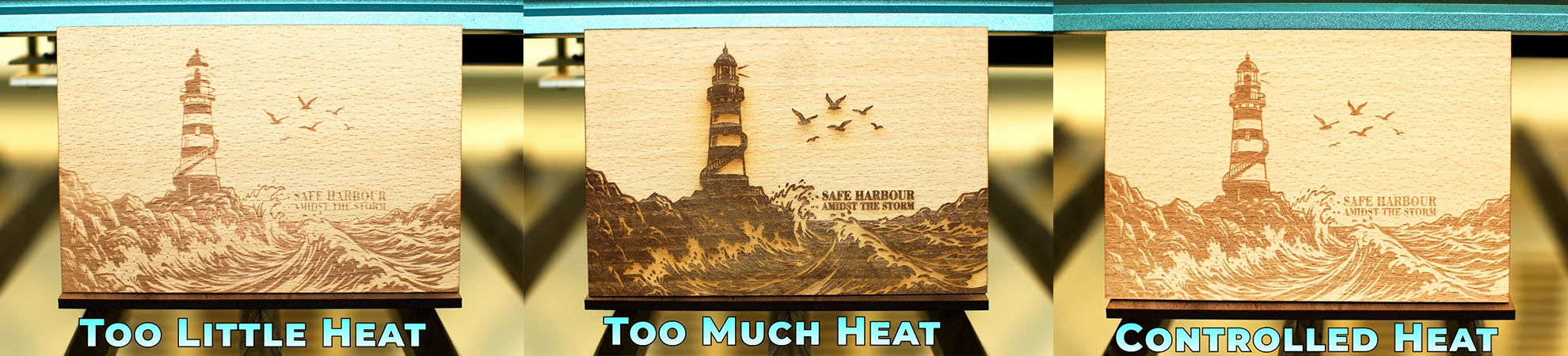 Comparison of laser engraving results on veneered MDF showing the effects of too little heat, too much heat, and controlled heat on engraving contrast, burn depth, detail clarity, and edge quality.