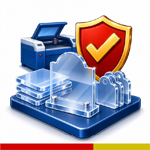 Illustration of finished laser-cut acrylic products with a checkmark badge, representing clean production-ready results.