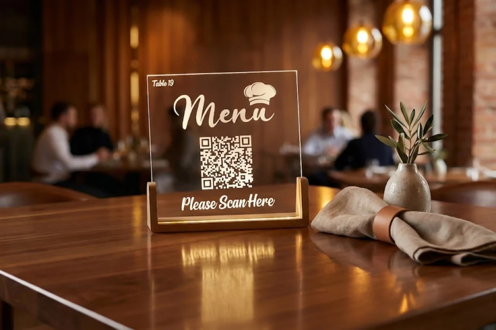 Illuminated clear acrylic QR code menu sign in a wooden LED base, displayed on a stylish restaurant table with warm lighting, modern dining décor, and a premium café atmosphere.
