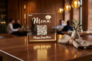 Illuminated laser-cut clear acrylic QR code menu sign in a wooden LED base, displayed on a stylish restaurant table with warm lighting, modern dining décor, and a premium café atmosphere.