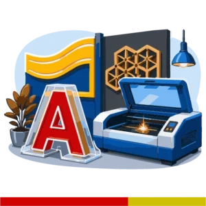 Laser cutting machine producing glossy acrylic signage and decorative cut-out shapes for signage and décor businesses.