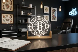 Glowing, clear laser cut acrylic LED sign engraved with the Tattoo Studio logo, displayed in a modern tattoo studio with dark interiors, warm ambient lighting, and professional tattoo equipment in the background.
