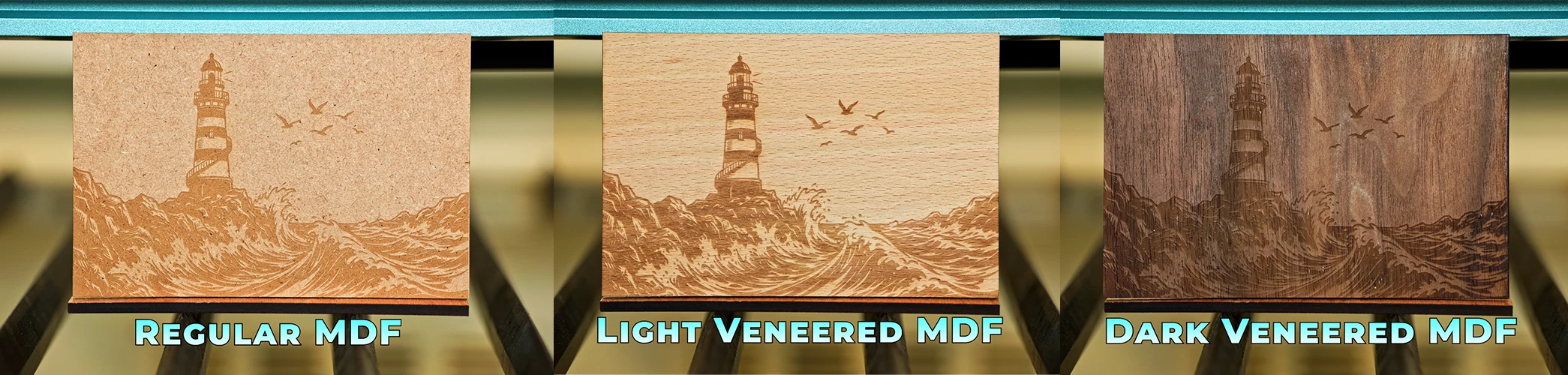 Comparison of laser engraving results on regular MDF, light veneered MDF, and dark veneered MDF, showing differences in engraving contrast, wood grain visibility, burn depth, and surface finish.