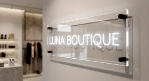 Laser cutting acrylic boutique sign with frosted engraving and polished edges (wall-mounted clear acrylic sign)