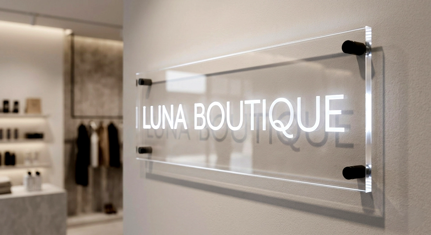 Wall-mounted clear acrylic boutique sign with frosted engraved lettering and polished transparent edges, illuminated by soft white LED lighting inside a modern minimalist retail interior.
