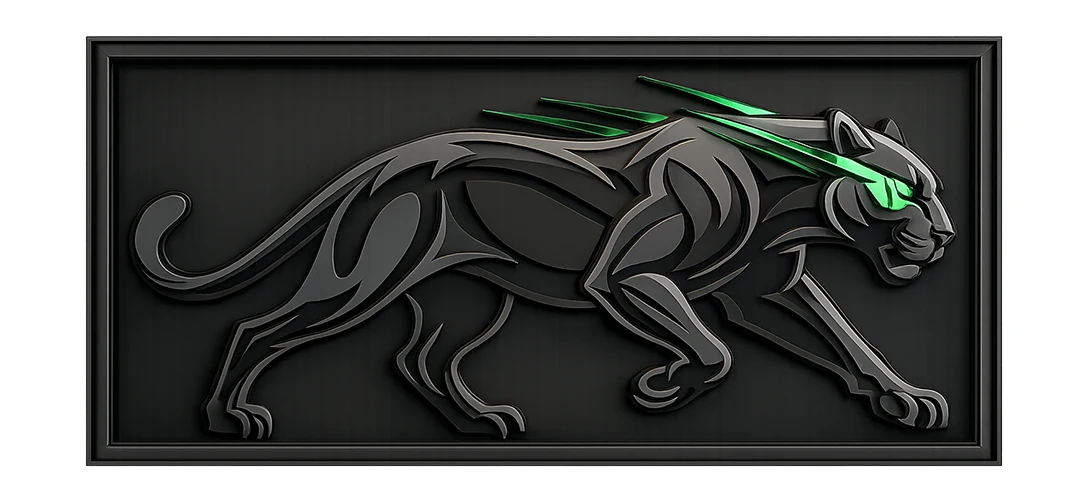 Laser cut acrylic wall art with a modern black panther design, layered grey acrylic, and green highlights