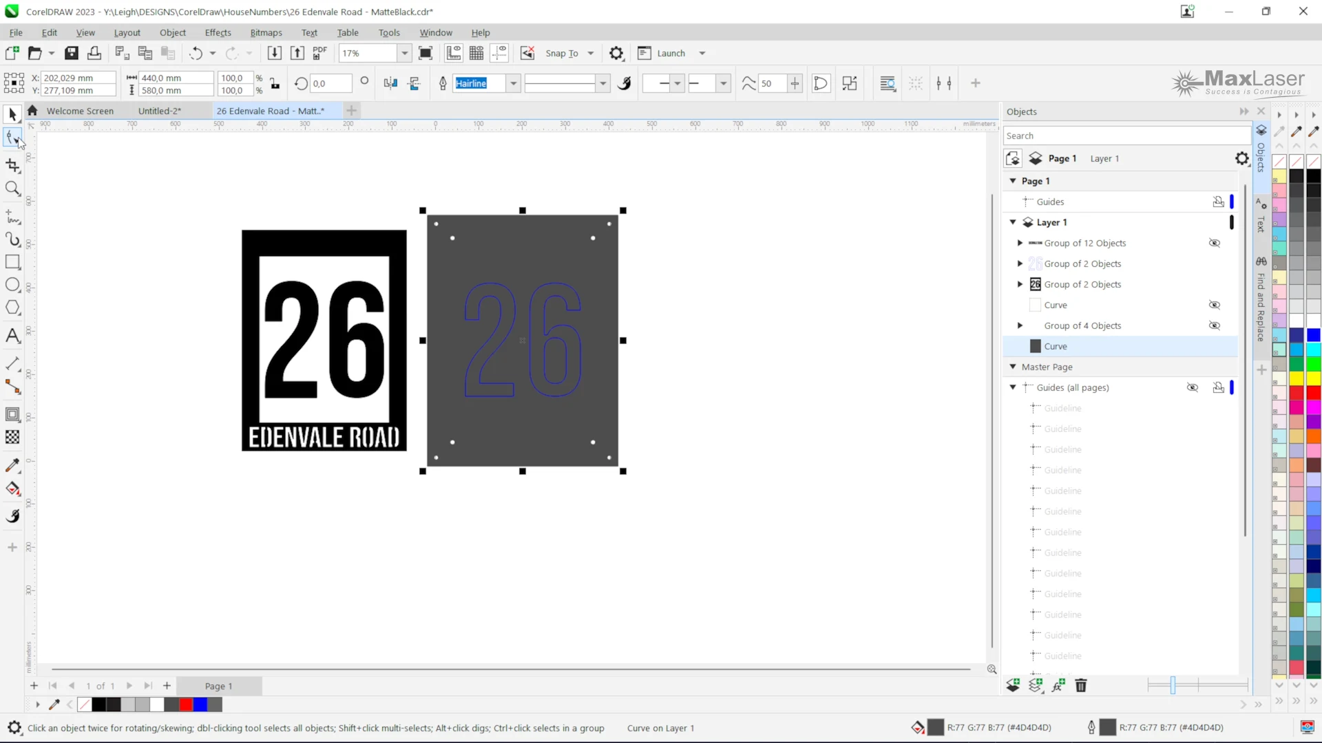 CorelDRAW design layout showing a modern acrylic house number sign with the number 26 and Edenvale Road, demonstrating balanced proportions, alignment, and sign composition before laser cutting.