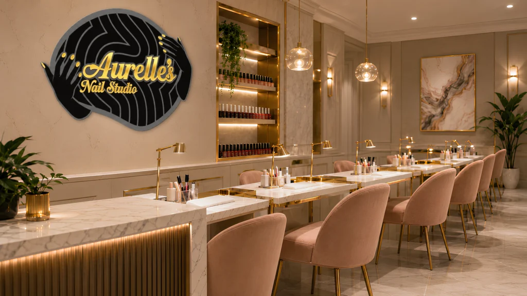 Laser cut acrylic business sign for Aurelle’s Nail Studio mounted inside a premium nail salon