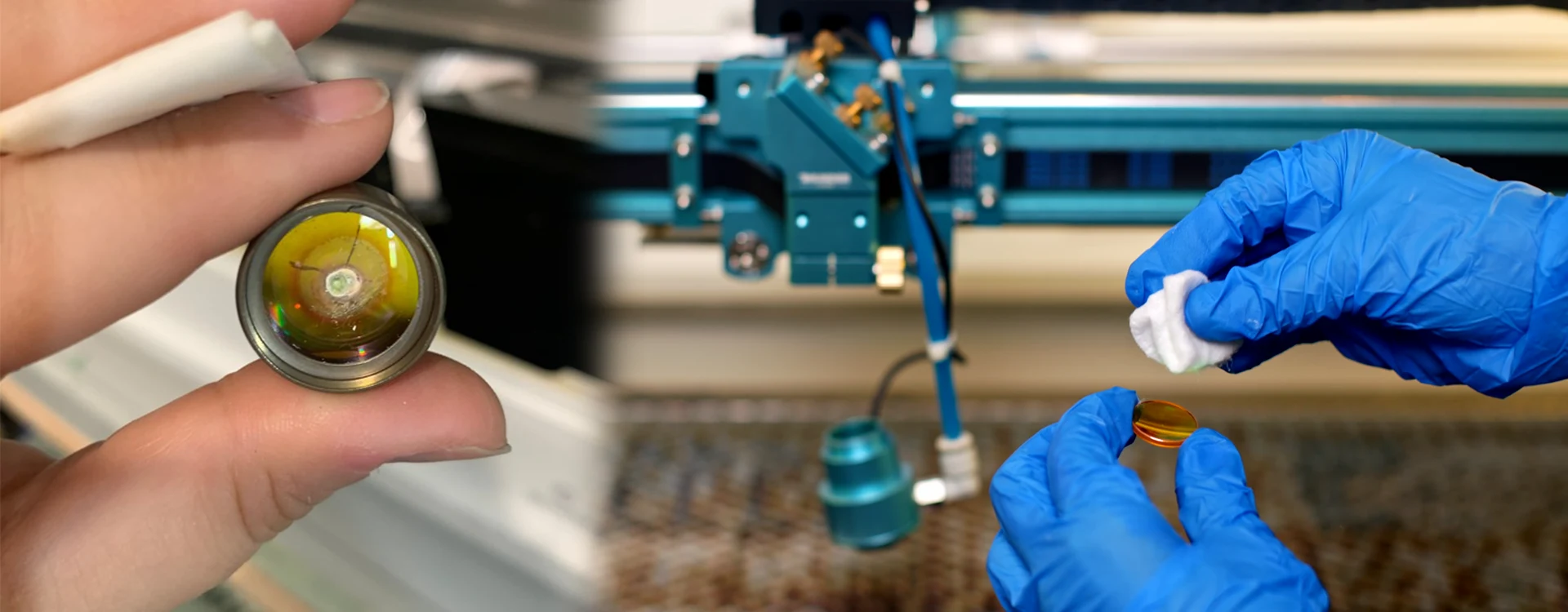 Cracked laser focus lens held beside a clean lens being wiped with a soft cloth to remove smoke residue and protect the optic from heat damage.