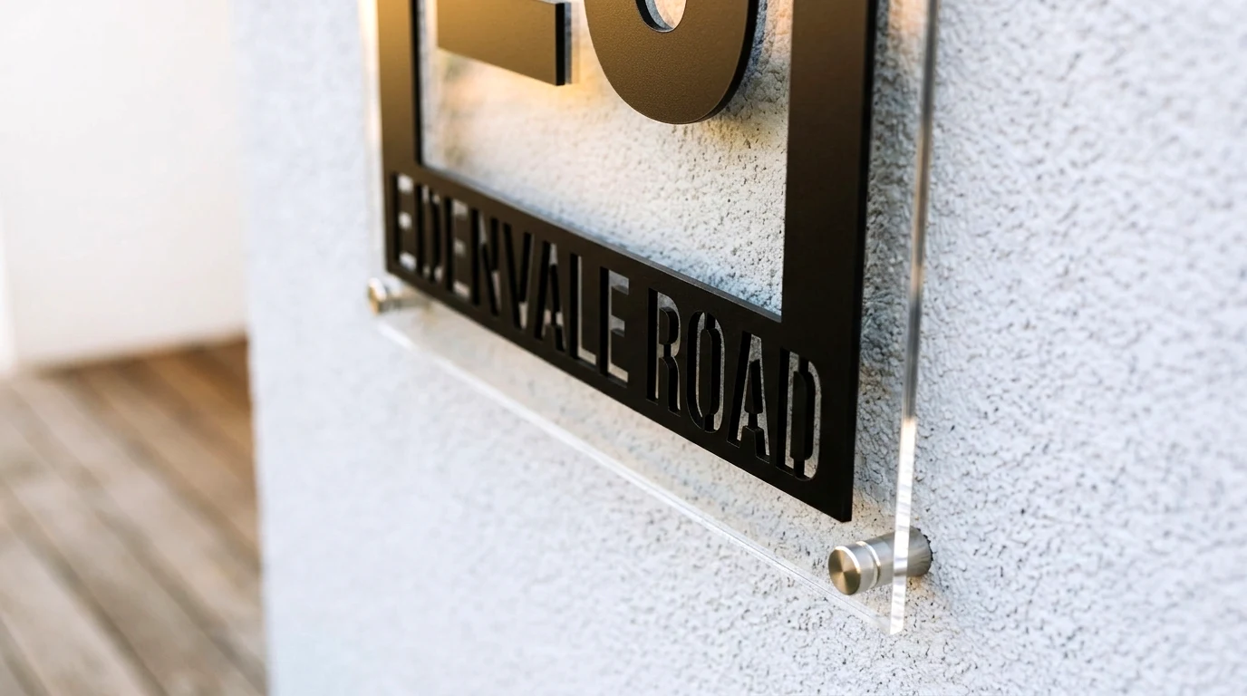 Close-up view of a modern acrylic house number sign showing the layered construction, laser-cut address text, clear acrylic backing, and standoff mounting hardware used to create a premium floating sign effect.