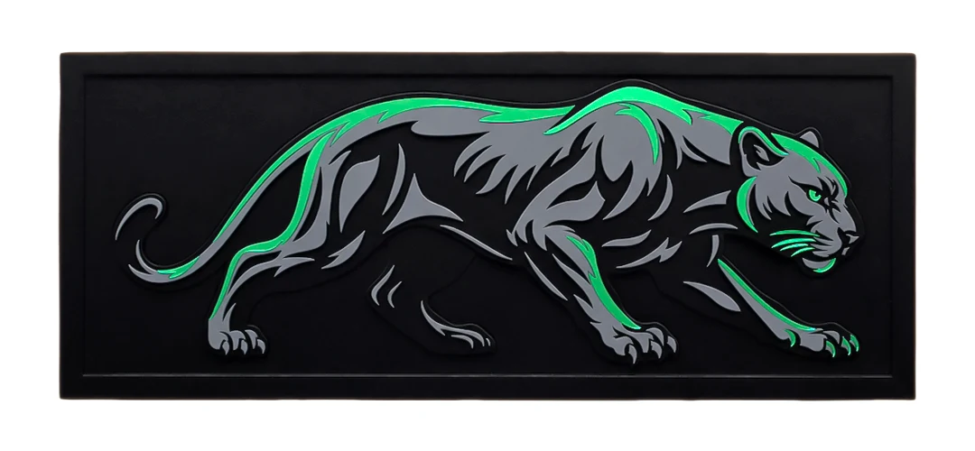 Laser cut acrylic wall art with a modern black panther design and green acrylic accents