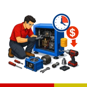 Technician repairing a laser machine with downtime and repair cost symbols