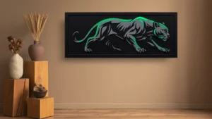 Laser Cut Acrylic Wall Art featuring a black panther design with green accents mounted on a beige interior wall.