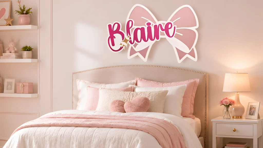 Laser cut acrylic business sign with layered pink lettering and bow design displayed on a bedroom wall