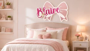 Laser cut acrylic business sign with layered pink lettering and bow design displayed on a bedroom wall