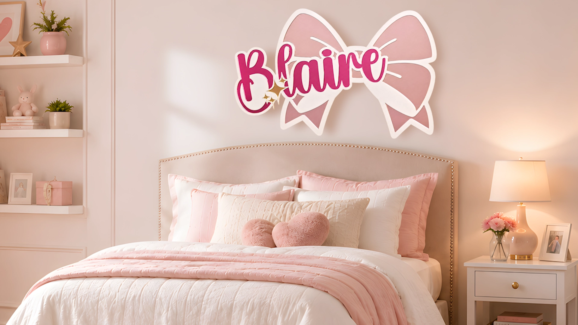 Laser cut acrylic business sign with layered pink lettering and bow design displayed on a bedroom wall