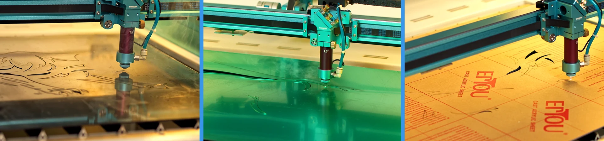 Laser Cutting The Acrylic Layers for Laser Cut Acrylic Wall Art with a CO2 laser machine engraving and cutting coloured acrylic sheets.
