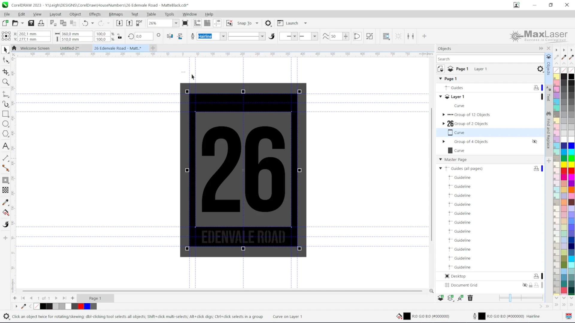 CorelDRAW design showing guideline placement used to align the frame, house number, and address text accurately when creating a modern acrylic house number sign for laser cutting.