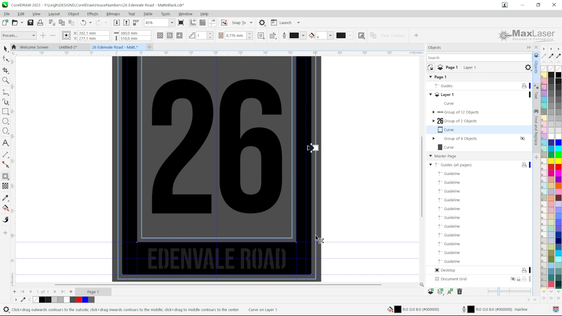 CorelDRAW design showing the contour tool being used to create consistent spacing and strengthen the frame of a modern acrylic house number sign before laser cutting.
