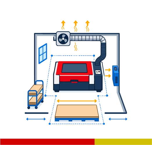 Laser cutting machine in a workshop floor plan with measurement guides, ventilation and loading clearance