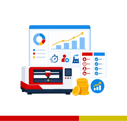 Laser cutting machine beside an ROI dashboard with cost comparison and value indicator