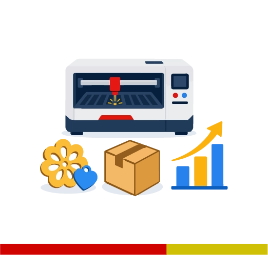 Laser cutting machine beside hobby, side business and growth chart objects representing business stage