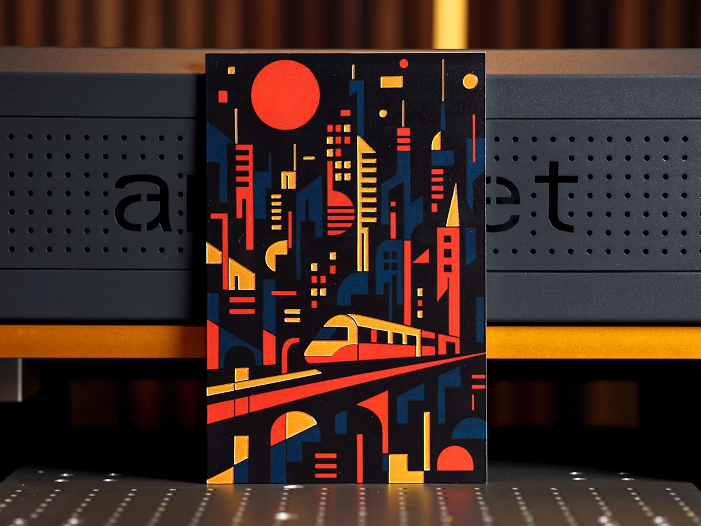 Gold foil UV-printed cityscape artwork with reflective gold details, red accents, and dark blue buildings.