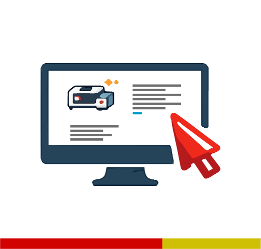 Guided online application process icon showing a desktop screen, laser machine graphic, and red cursor pointer.