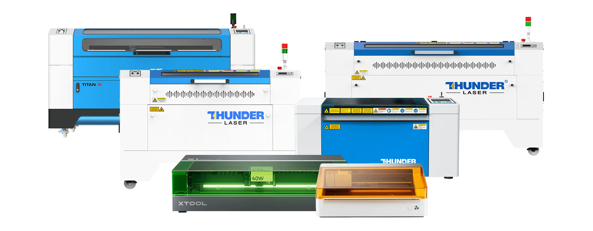 Range of enclosed laser cutting and engraving machines, including Thunder Laser industrial and desktop models plus xTool units