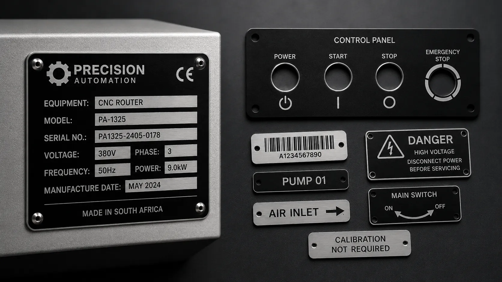 Laser-engraved industrial labels and control panels