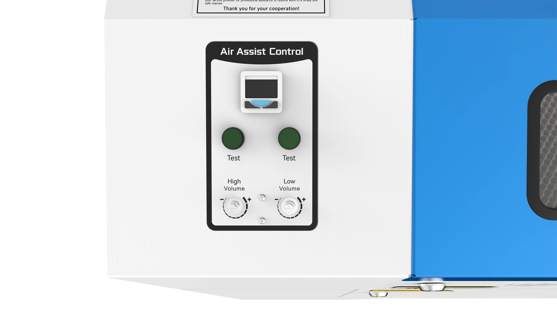 Thunder Laser air assist control panel with test buttons and high and low volume adjustment knobs.