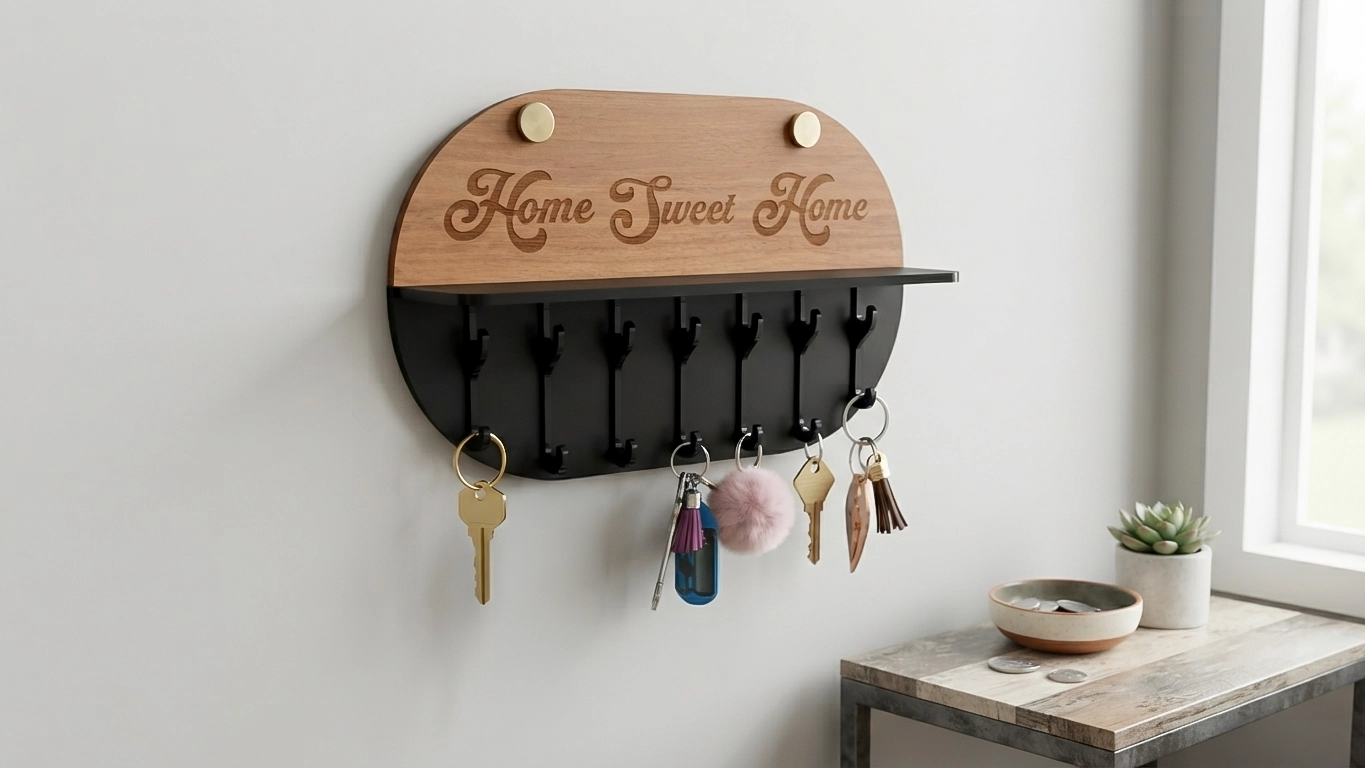 Wall-mounted key holder made from veneer MDF and black acrylic