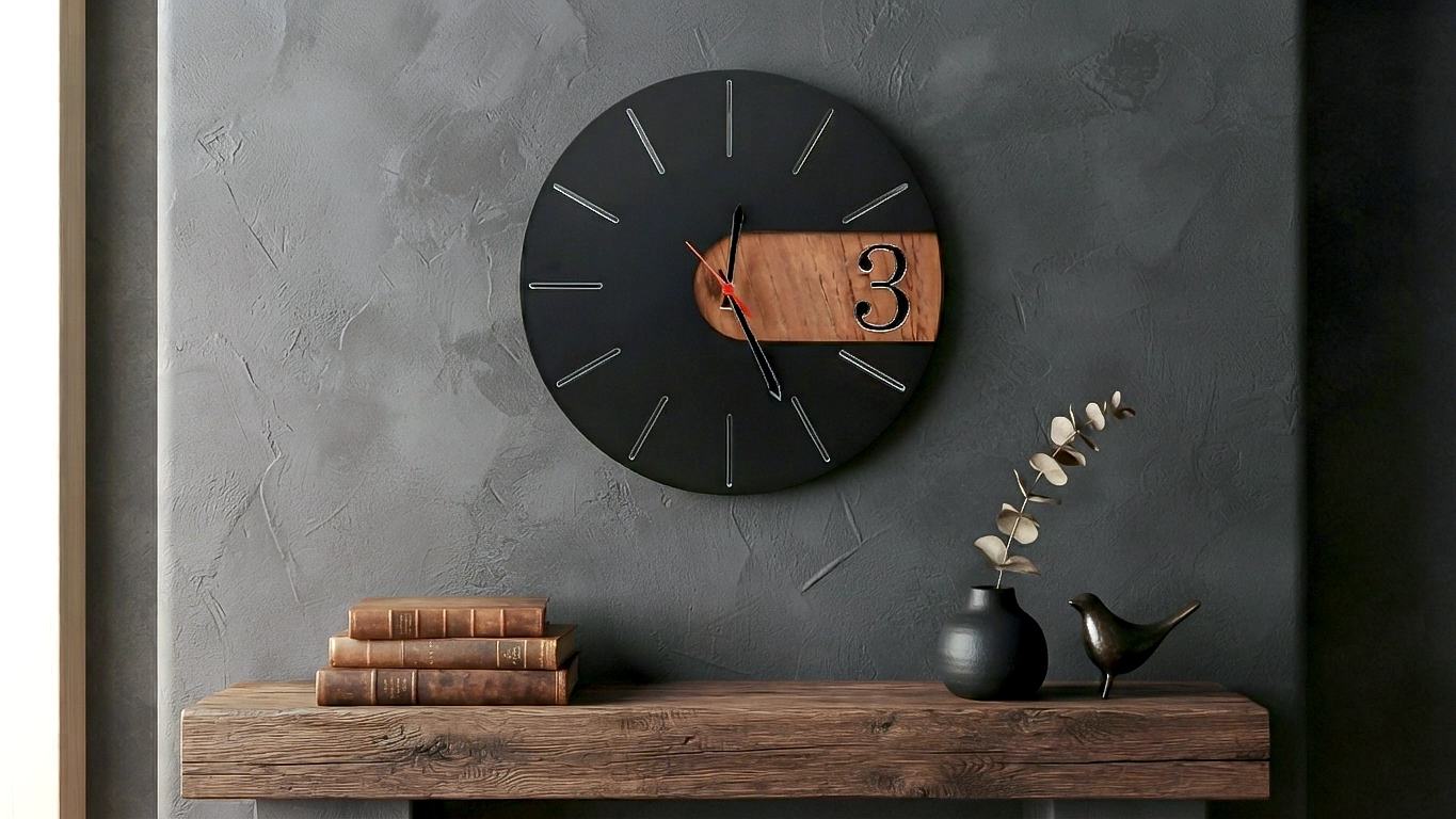 Laser cut acrylic and MDF wall clock with a modern black and wood design, ideal for custom home décor, gifting, and small business product ideas.