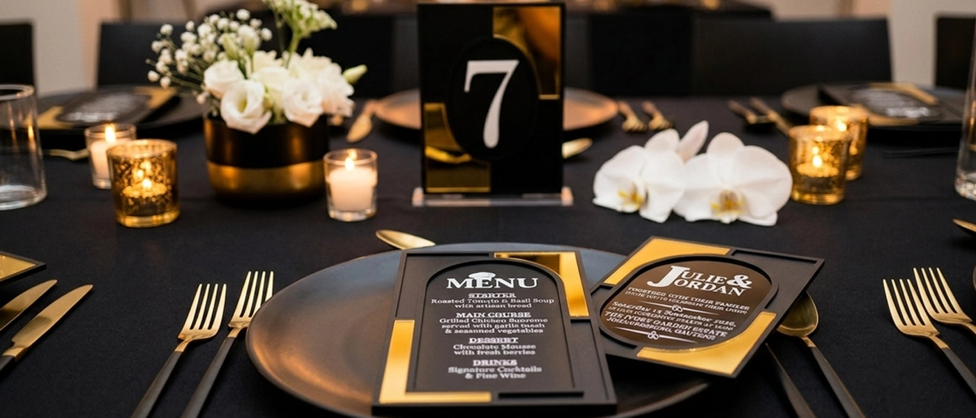 Laser cut wedding menu, wedding invitation and table number signs used for luxury event decor