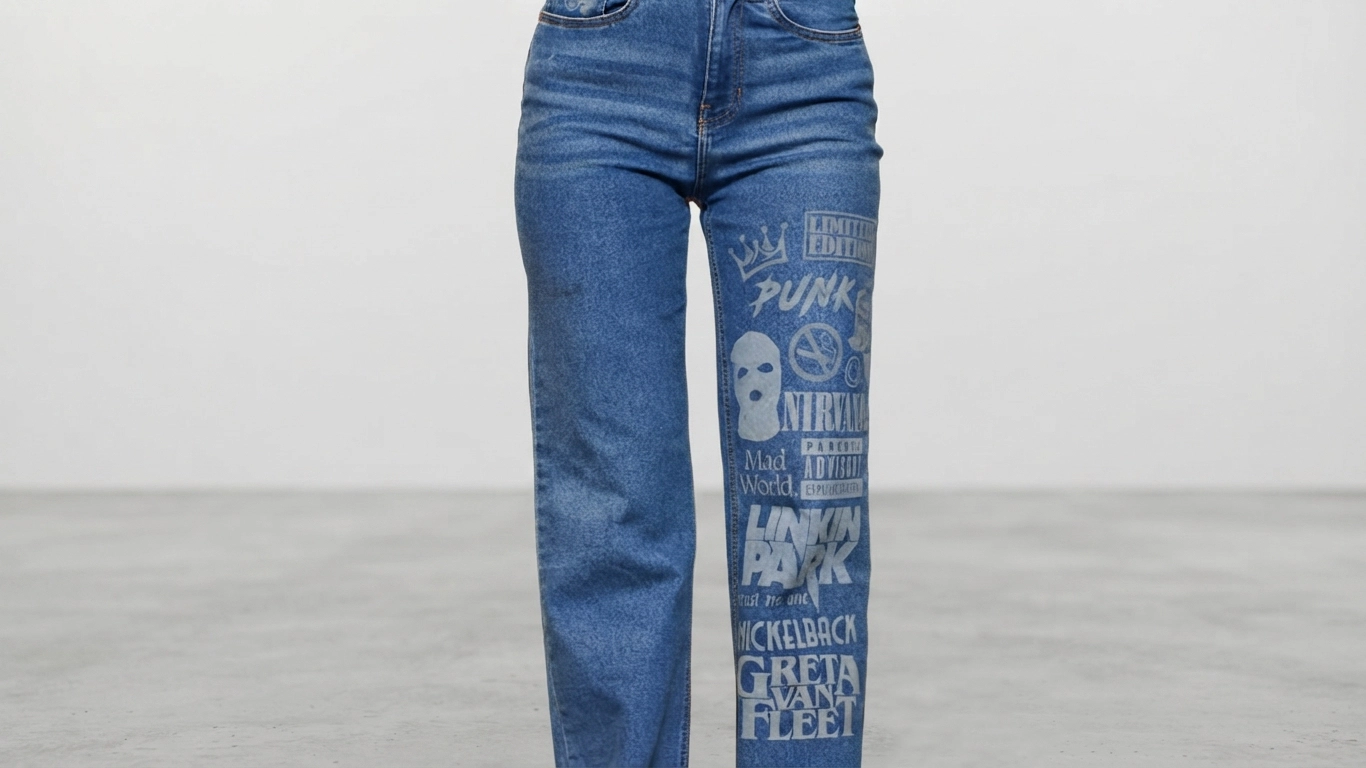 Blue denim jeans with a laser-engraved graphic design on one leg, featuring band-style text, icons, and distressed detailing.